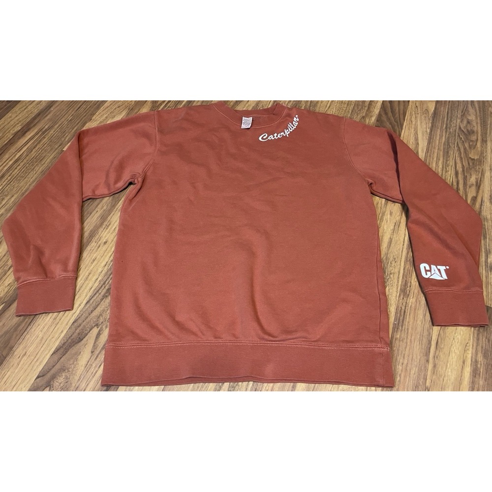 Caterpillar Sweatshirt‎ Mens Medium Orange Fleece Pullover Crewneck CAT Logo